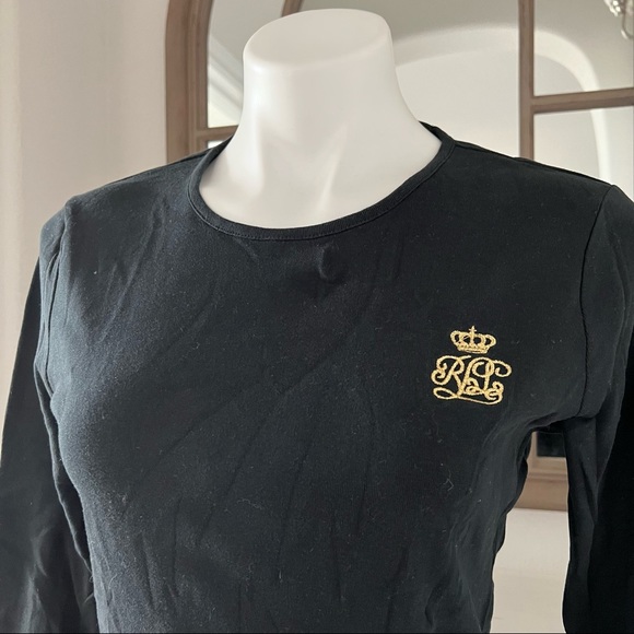 L. Ralph Lauren Long Sleeve Crew Neck RLL Crest Logo T-Shirt Black Gold Size L - Picture 2 of 9